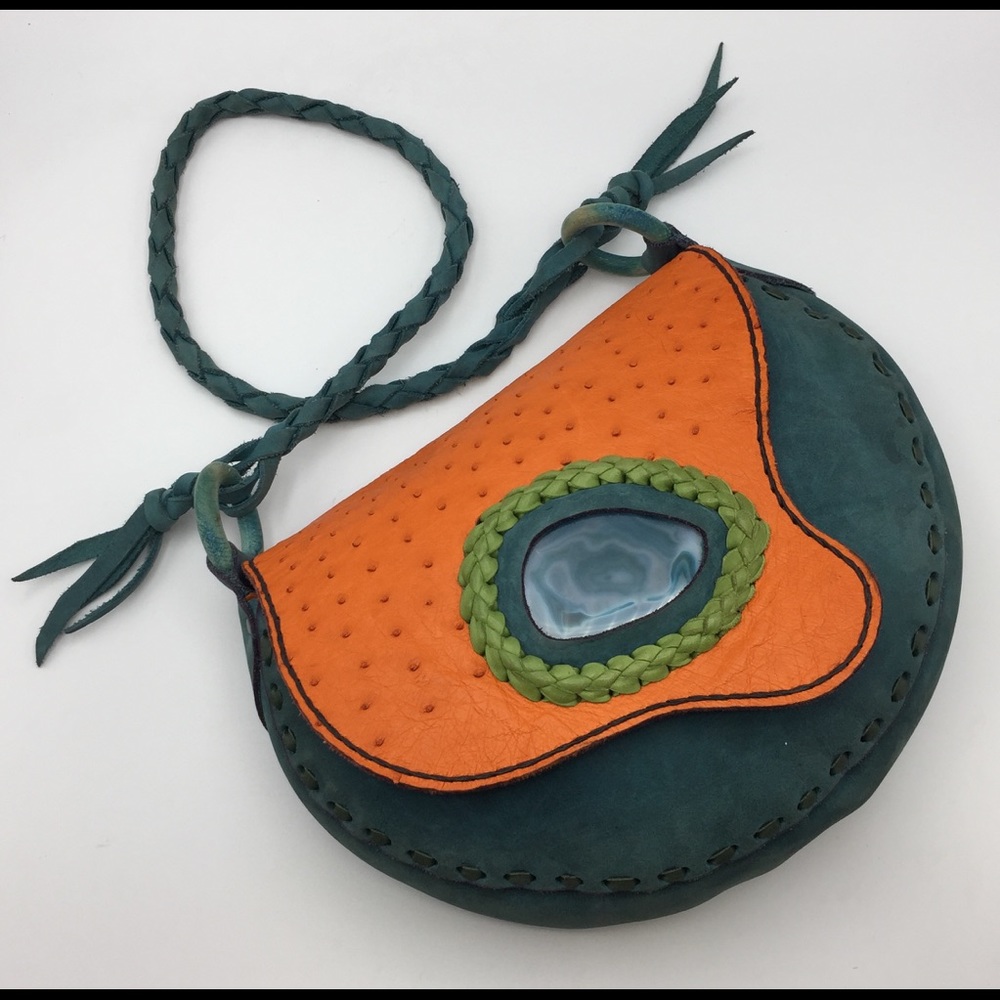 🏜 BOHO Artisan TURQUOISE Ostrich LEATHER Hobo BAG